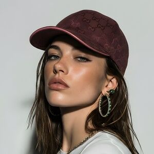 UNISEX GUCCI GG MONOGRAM CANVAS BASEBALL CAP BURGUNDY ADJUSTABLE HAT